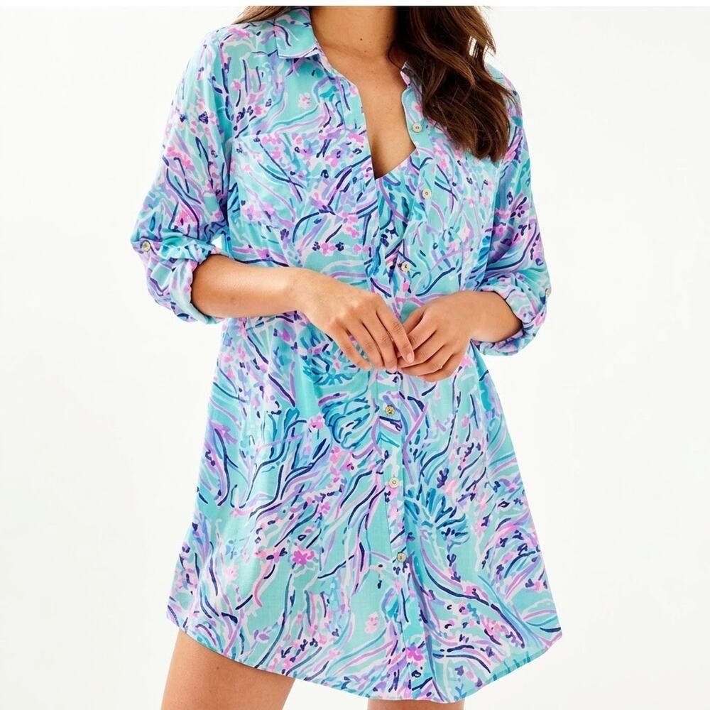 Lilly Pulitzer Natalie Shirtdress Cover-up Bayside Blue Under the Moon Large